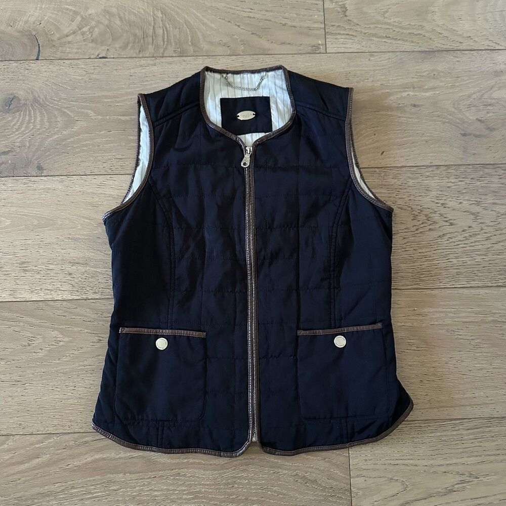 Massimo Dutti Quilted Vest Womens S Navy Near Black Brown Trim Equestrian